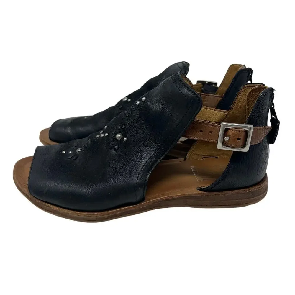 NWT Miz Mooz Women's Feat Black Leather Studded Cutout Sandals 39/8.5